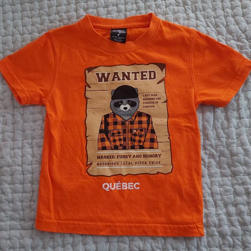 Pizza thief: raccoon tee from Canada, Kids Size 4